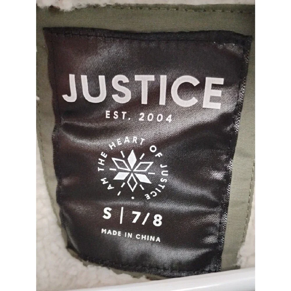 Justice Olive Green Fur Hood Sherpa Long Winter Coat Jacket Label Detail S 7/8